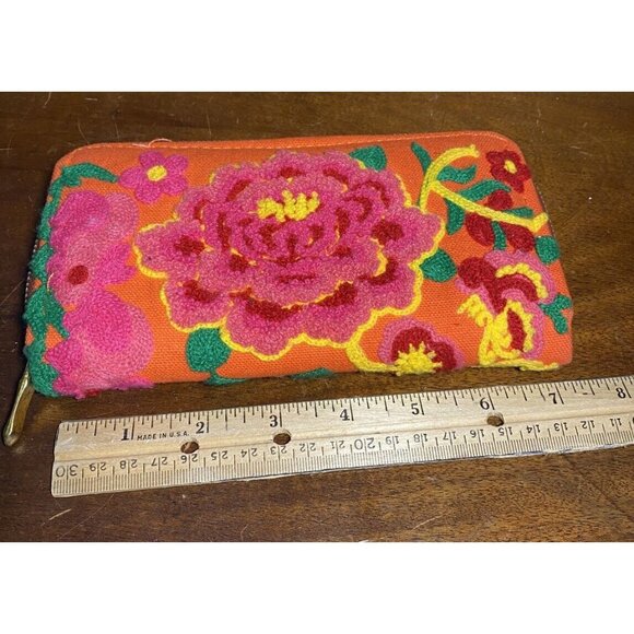 Embroidered Zip Around Wallet 8x4 Orange, Pink Boho Joyful 8"x4" - Picture 4 of 5